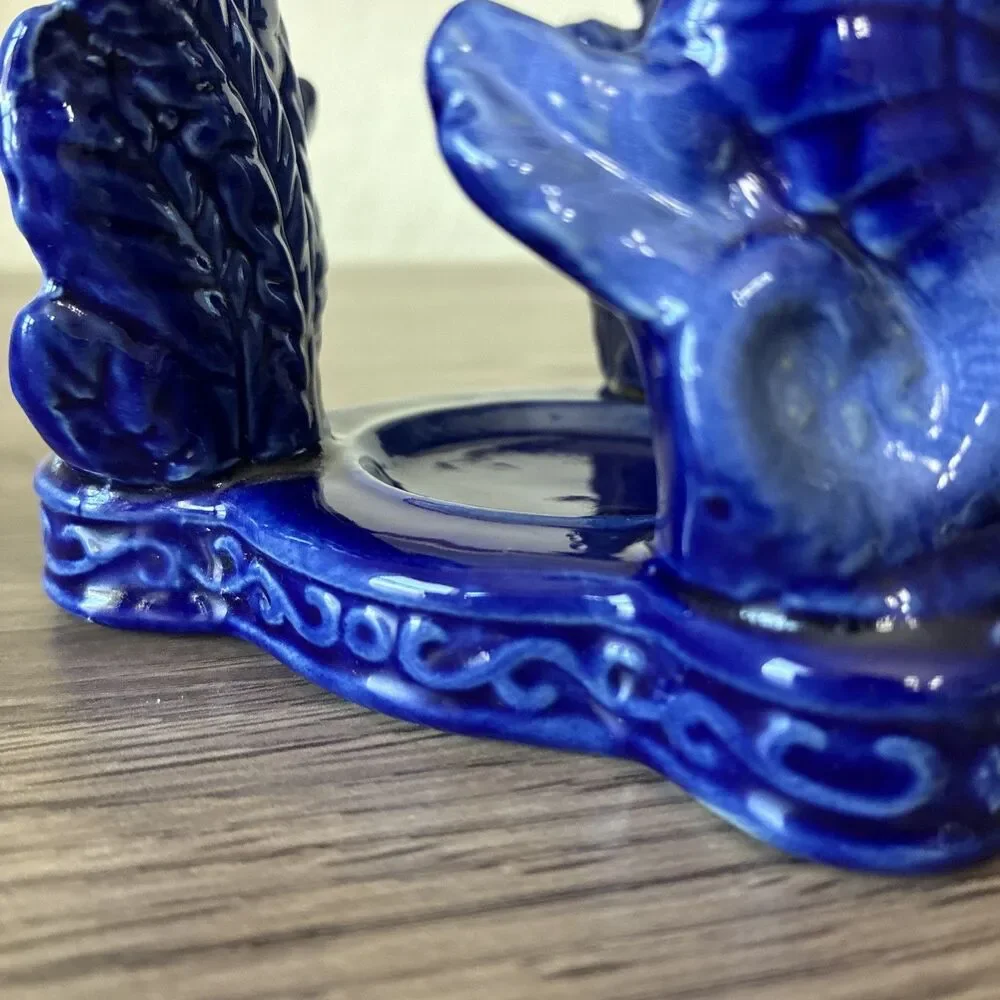 VTG Cobalt Blue Glazed Ceramic Tea/ Votive Candle Holder, 3 Seahorses, Coastal